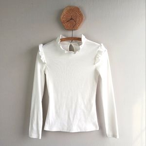 White Ribbed Knit Ruffle Mock Neck Long Sleeve Fitted Top Tee Size Small